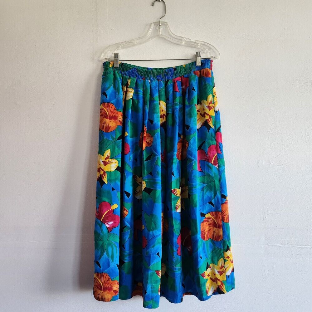 Vintage Tan Jay Skirt Women's 14 Pull on Blue Hawaiian Floral Pleated Pockets